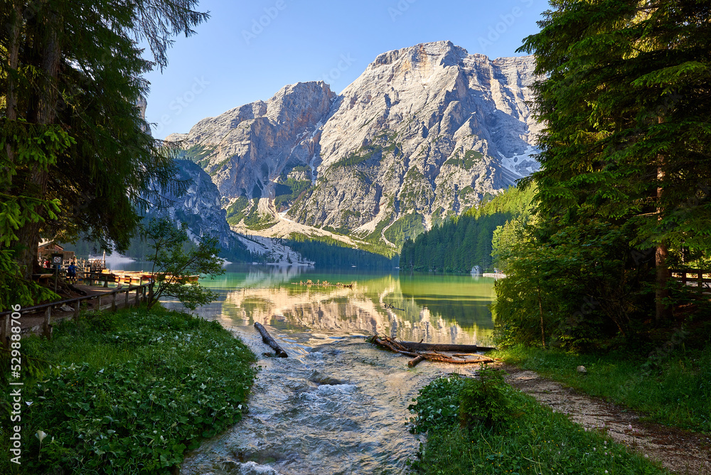 view of lake of braies, dolomites, italy