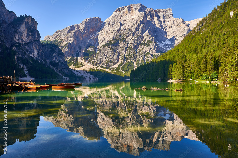 view of lake of braies, dolomites, italy view of lake of braies, dolomites, italy