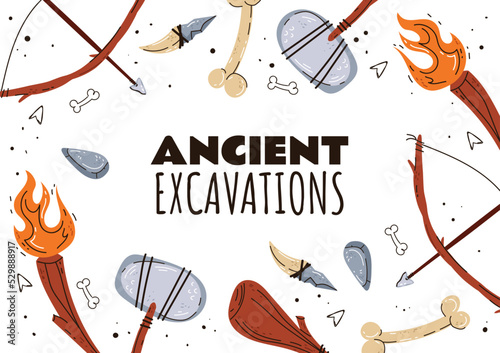 Archeology paleontology fossil artifact ancient excavation banner poster abstract concept. Graphic design element vector illustration