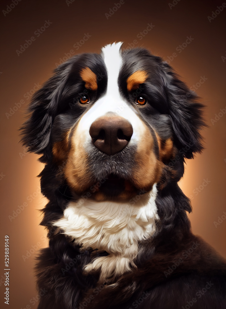A digital painting portrait of a black Bernese Mountain dog 
