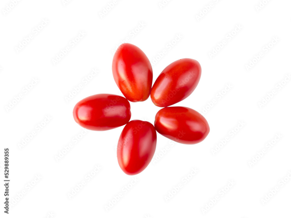 Five pointed star or flower formed by five red plum shaped tomatoes isolated transparent png flatlay. Vegetable recipe ingredient. Five pointed star or flower formed by five red plum shaped tomatoes isolated transparent png flatlay. Vegetable recipe ingredient.
