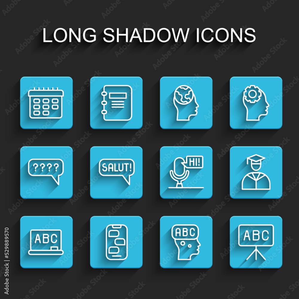 Set line Chalkboard, New chat messages notification, School timetable, Learning foreign languages, Salut different, Graduate and graduation cap and Microphone voice device icon. Vector Set line Chalkboard, New chat messages notification, School timetable, Learning foreign languages, Salut different, Graduate and graduation cap and Microphone voice device icon. Vector