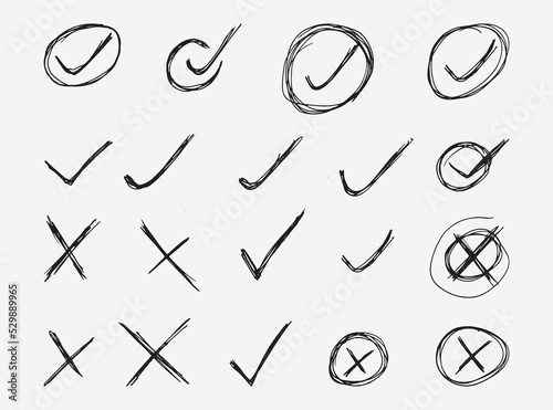 Set of Scribble hand drawn doodle vector, pen marks, check marks, cross check marks