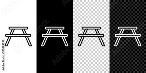 Set line Picnic table with benches on either side of the table icon isolated on black and white background. Vector Illustration