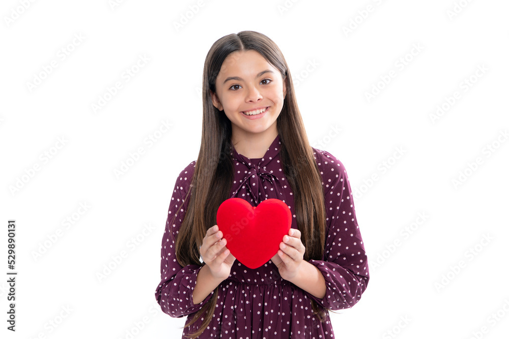 Valentines Day. Dreaming cute teen child with red heart. Portrait of happy smiling teenage child girl. Valentines Day. Dreaming cute teen child with red heart. Portrait of happy smiling teenage child girl.
