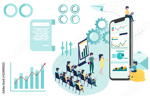 Business idea. Training business people and meetings on investments, profitability, stocks and other income. Vector illustration Eps 10.