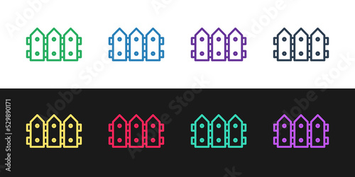 Set line Garden fence wooden icon isolated on black and white background. Vector