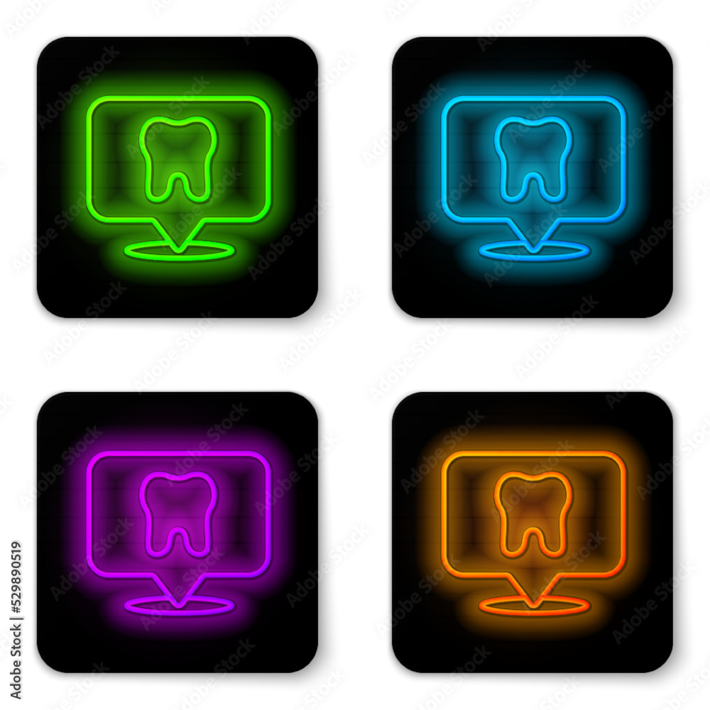 Glowing neon line Dental clinic location icon isolated on white background. Black square button. Vector Glowing neon line Dental clinic location icon isolated on white background. Black square button. Vector