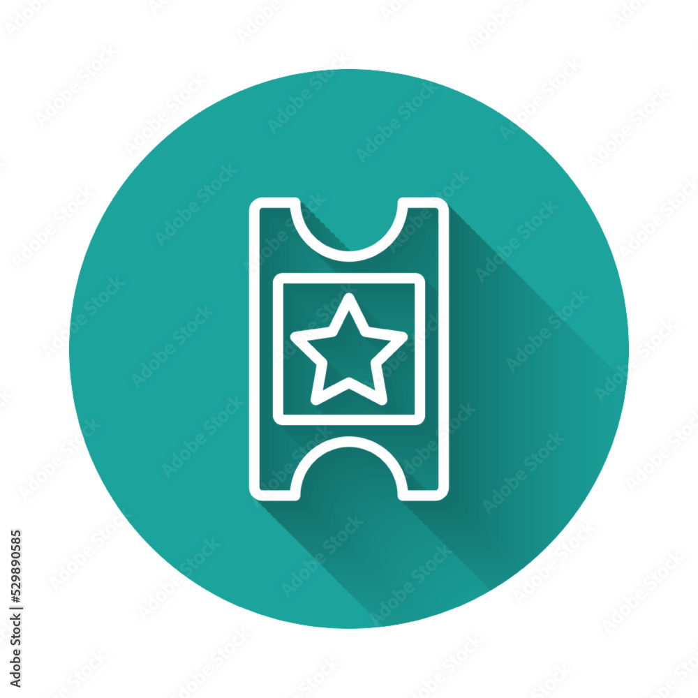 White line Cinema ticket icon isolated with long shadow. Green circle button. Vector White line Cinema ticket icon isolated with long shadow. Green circle button. Vector