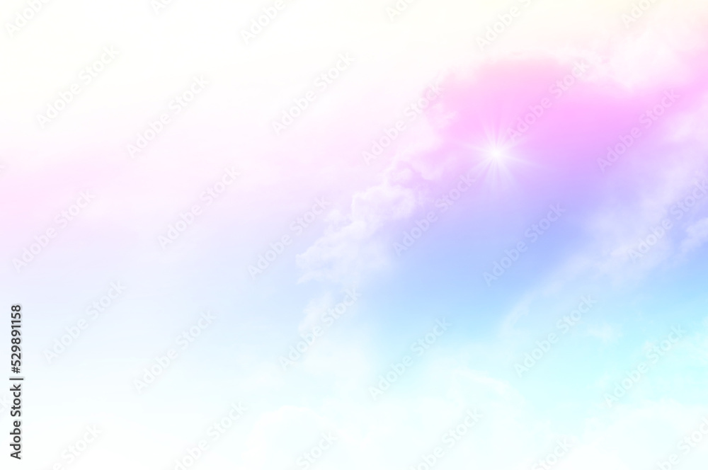 Pastel sky with soft white clouds. Fantastic color fantasy background. Sweet dreams concept for wallpaper, backdrop and design.