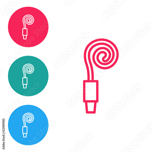 Red line Birthday party horn icon isolated on white background. Set icons in circle buttons. Vector