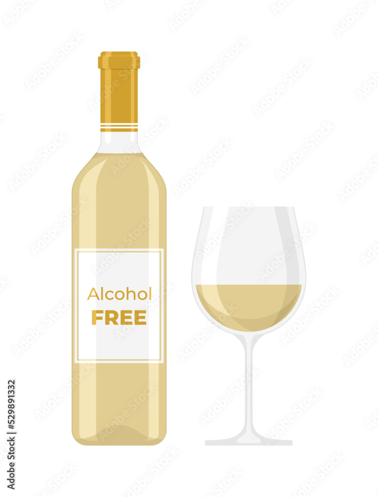 A bottle and a glass of non-alcoholic white wine on a white background. Flat vector illustration