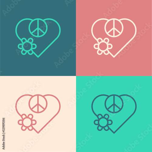 Pop art line Love peace icon isolated on color background. Hippie symbol of peace. Vector