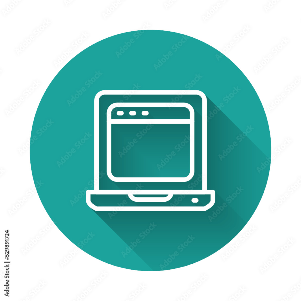White line Laptop with browser window icon isolated with long shadow background. Computer notebook with empty screen sign. Green circle button. Vector White line Laptop with browser window icon isolated with long shadow background. Computer notebook with empty screen sign. Green circle button. Vector