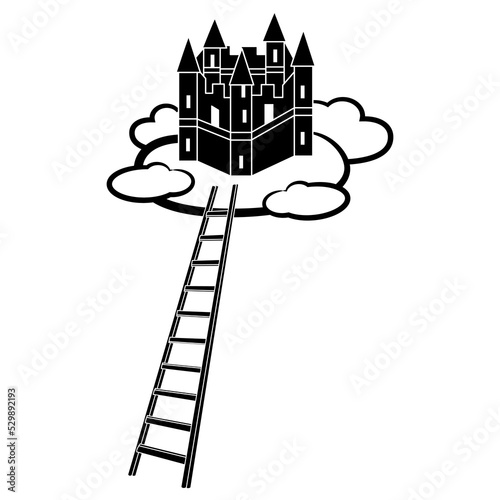 Stepladder leading up to the castle on a cloud. Creative funny concept for reaching a dream. Black and white vector illustration.
