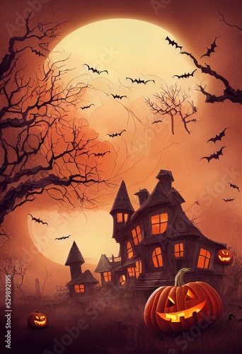 Photo Halloween design with houses, bats, silhouettes, pumpkins illustration