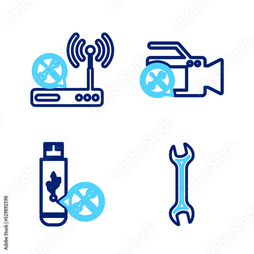 Set line Wrench, USB flash drive service, Video camera and Router wi-fi icon. Vector