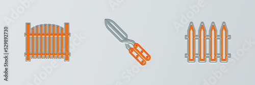 Set line Garden fence, and Gardening handmade scissor icon. Vector