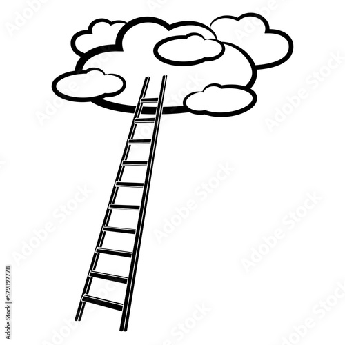 Stepladder leading up onto cloud in the sky. Creative funny concept for climbing and reaching a dream. Black and white vector illustration.