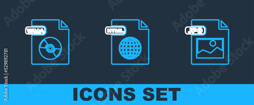 Set line JPG file document, WMA and HTML icon. Vector