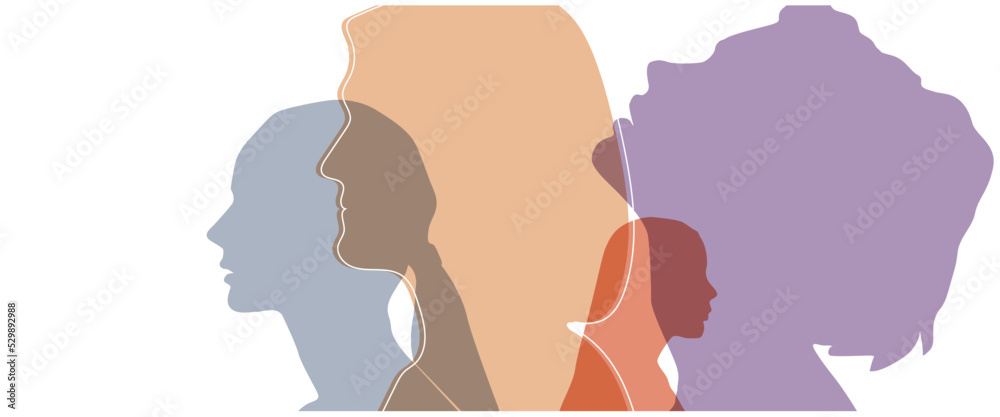 Group side silhouette men and women of different culture	