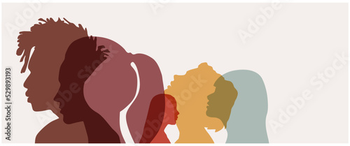 Group side silhouette men and women of different culture	