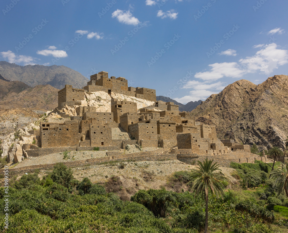 Panoramic view of Thee Ain (Dhee Ayn) heritage village in the Al-Baha region of Saudi Arabia