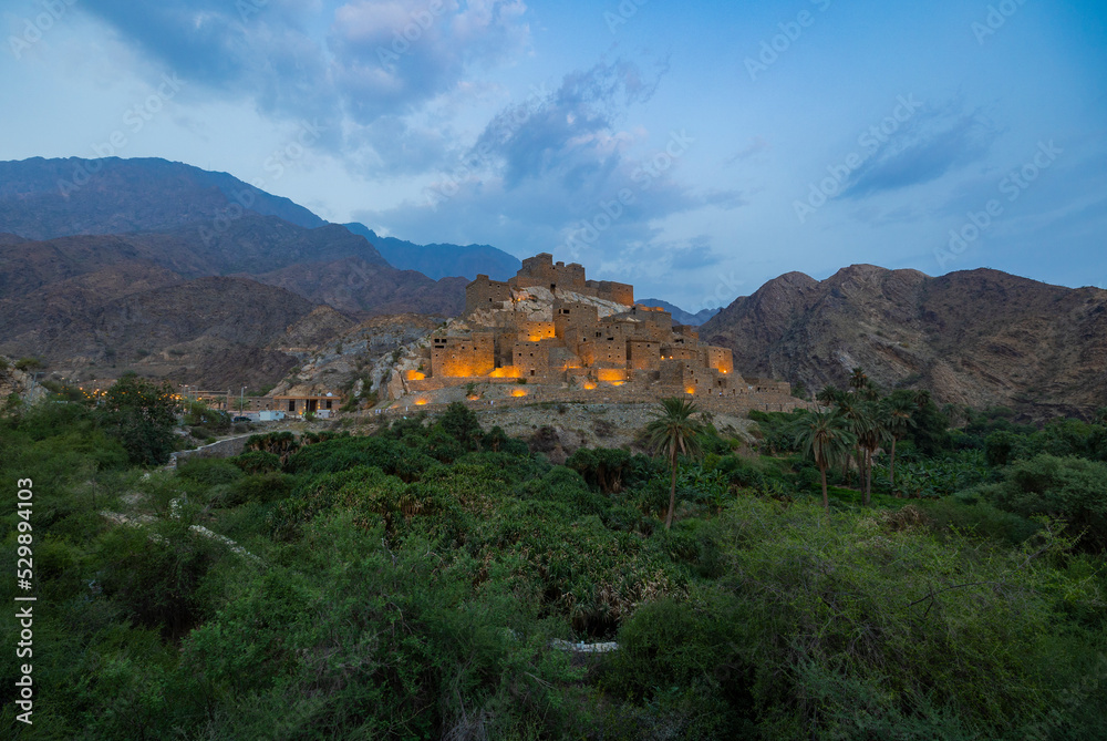 Panoramic view of Thee Ain (Dhee Ayn) heritage village in the Al-Baha region of Saudi Arabia