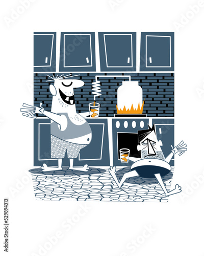Joyful men in the kitchen. Vector illustration.