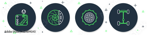 Set line Car brake disk with caliper, wheel, Gear shifter and Chassis car icon. Vector