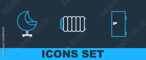 Set line Closed door, Armchair and Heating radiator icon. Vector