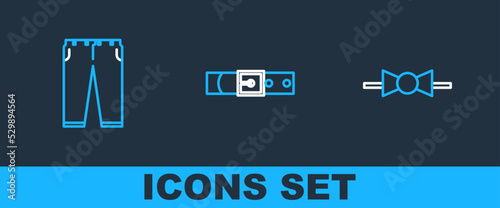 Set line Bow tie, Pants and Leather belt icon. Vector