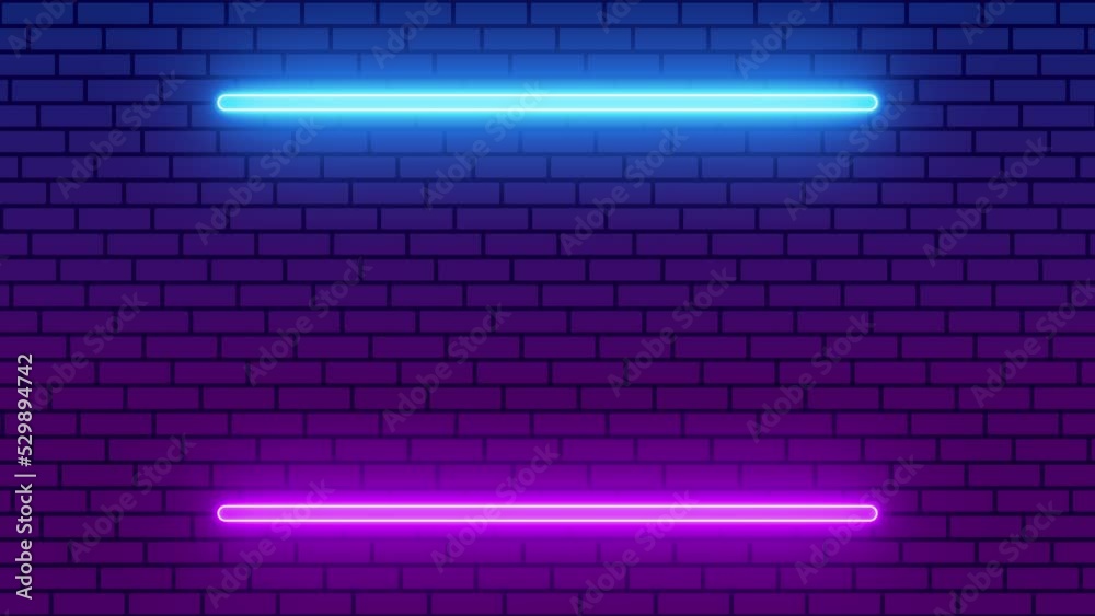 4K looped. Bright blue and purple neon light flicker animation with brick wall background.