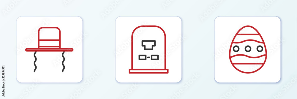 Set line Easter egg, Orthodox jewish hat with sidelocks and Tombstone RIP written icon. Vector Set line Easter egg, Orthodox jewish hat with sidelocks and Tombstone RIP written icon. Vector