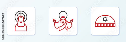 Set line Jewish kippah with star of david, Jesus Christ and icon. Vector