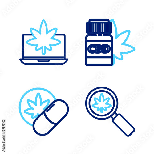 Set line Magnifying glass and marijuana, Herbal ecstasy tablets, Medical bottle with and Laptop or cannabis icon. Vector