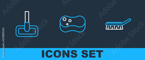 Set line Brush for cleaning, Mop and Sponge icon. Vector