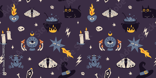 Seamless pattern with occult things, cartoon style. Witchcraft, withcore aesthetic. Bohemian mystical magic art. Happy Halloween. Trendy modern vector illustration, hand drawn, flat