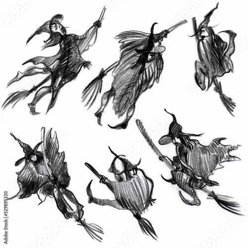 Halloween, a set of witches on a broom. Handmade black and white drawing. Graphic raster illustration. Witches in flight on broomsticks.