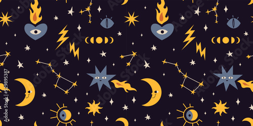 Seamless pattern with Sun and moon, constellations, phases of the moon, cartoon style. Space and astrological theme, zodiac. Trendy modern vector illustration, hand drawn, flat
