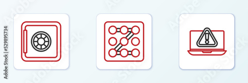 Set line Laptop with exclamation mark, Safe and Graphic password protection icon. Vector