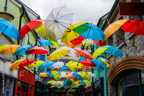 Colourfull umbrella's in the centre. 
 The view on the shopping centre of Kilkenny.  