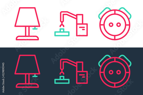 Set line Robot vacuum cleaner, Table lamp and Robotic robot arm hand factory icon. Vector