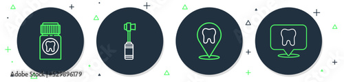 Set line Toothbrush, Dental clinic location, Painkiller tablet and icon. Vector