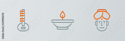 Set line Indian man, Sitar and Aroma lamp icon. Vector