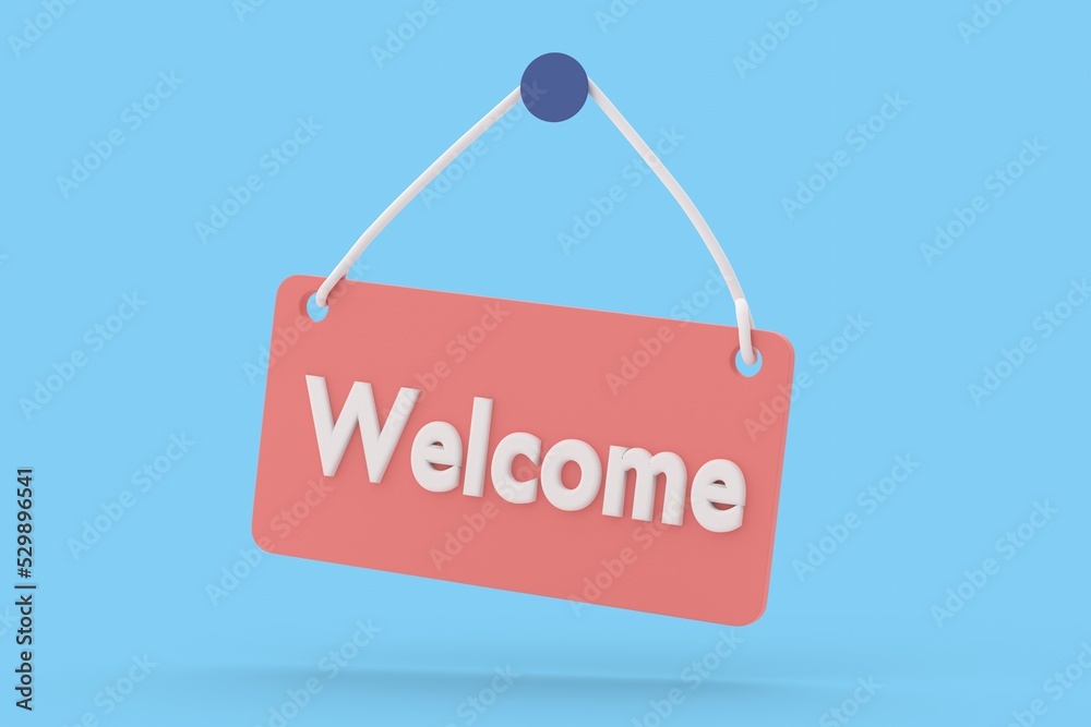 A red sign with the word WELCOME on a blue background in 3D space. A red sign with the word WELCOME on a blue background in 3D space.