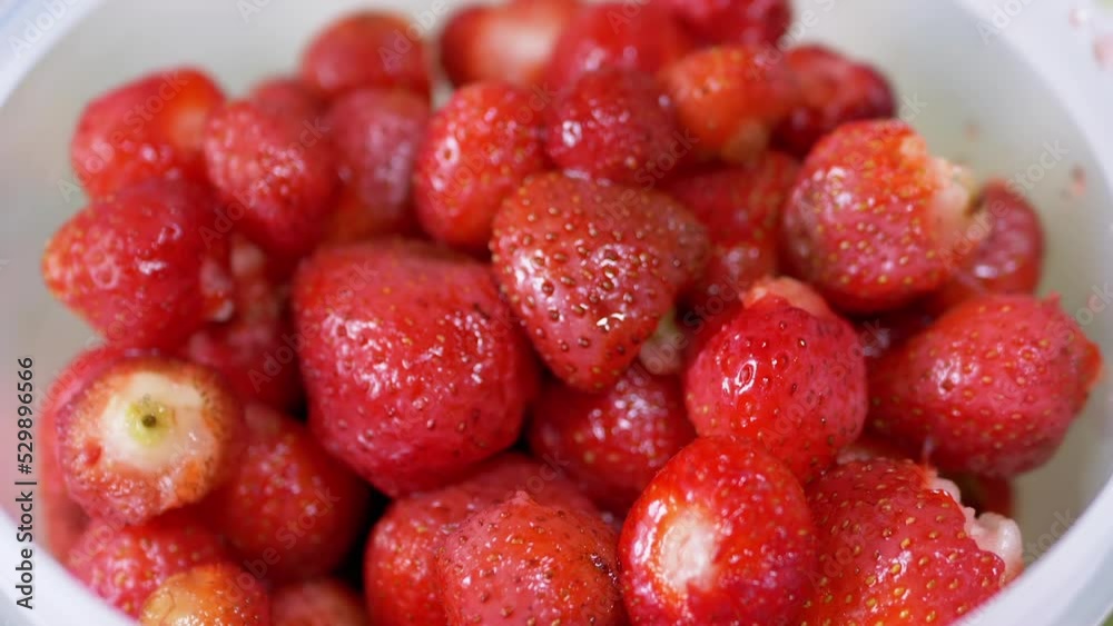 Harvest of Ripe Fresh Red Strawberry Collected in a Bucket Showing on the Desk. Container full of wet berries that glisten in the sunlight. Harvest. Healthy food, organic seasonal food. Vitamins.
