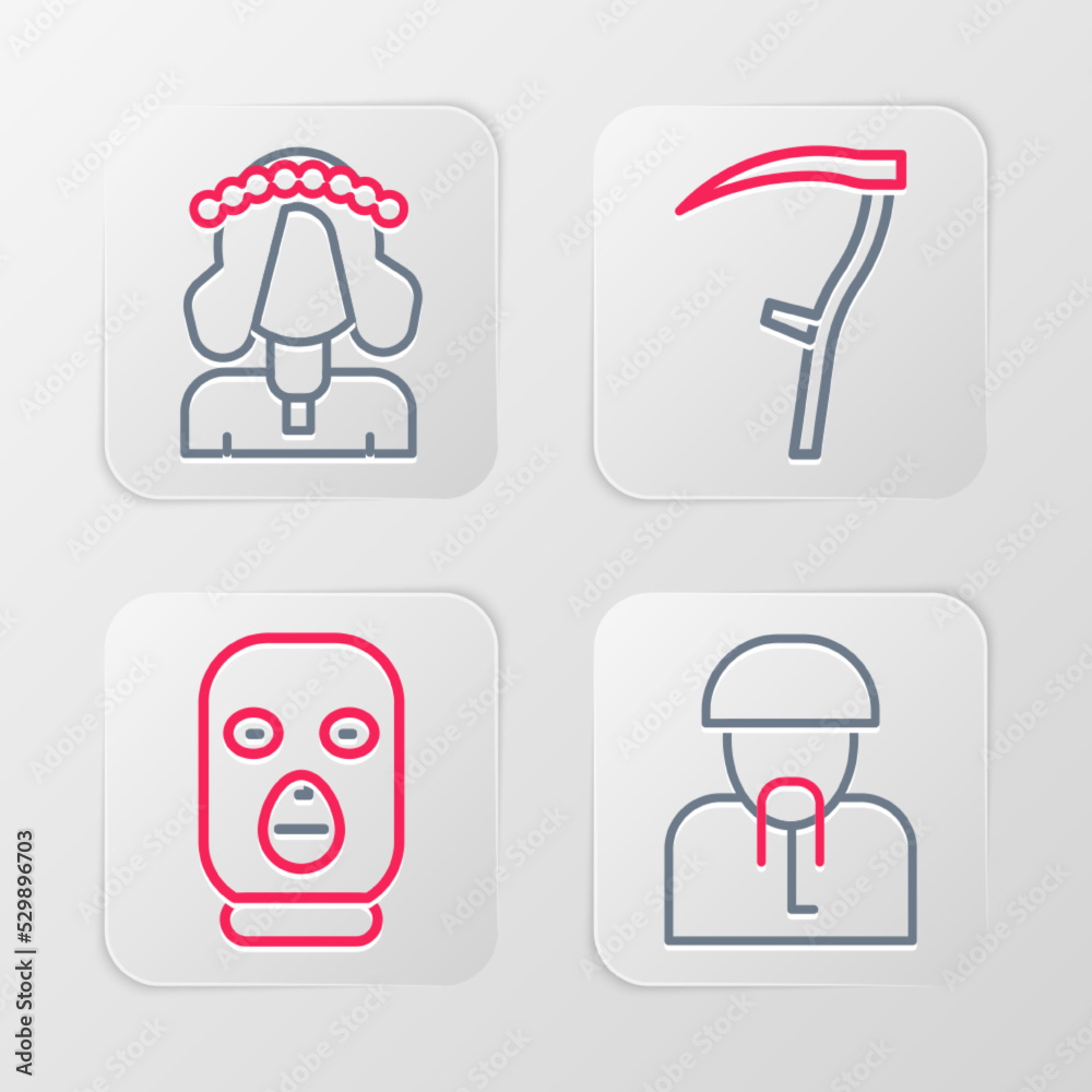 Set line Ukrainian cossack, Thief mask, Scythe and woman icon. Vector Set line Ukrainian cossack, Thief mask, Scythe and woman icon. Vector