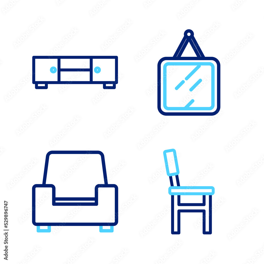 Fototapeta premium Set line Chair, Armchair, Mirror and Chest of drawers icon. Vector