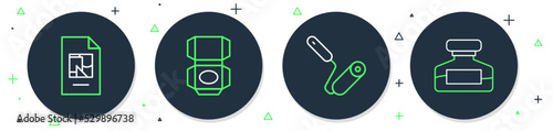 Set line Carton cardboard box, Paint roller brush, File document and Ink bottle icon. Vector